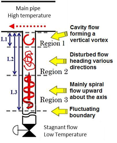 1) cavity flow forming a vertical vortex, 2) disturbed flow heading various directions, 3) mainly spiral flow upward about the axis, 4) fluctuating boundary